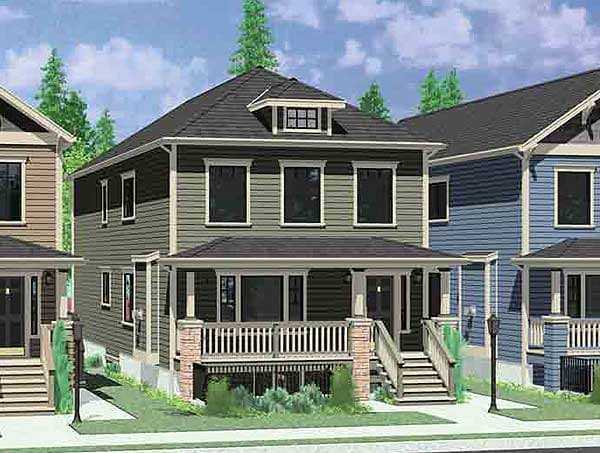 Two-story house plan exterior with front porch, gables, and dormer window.