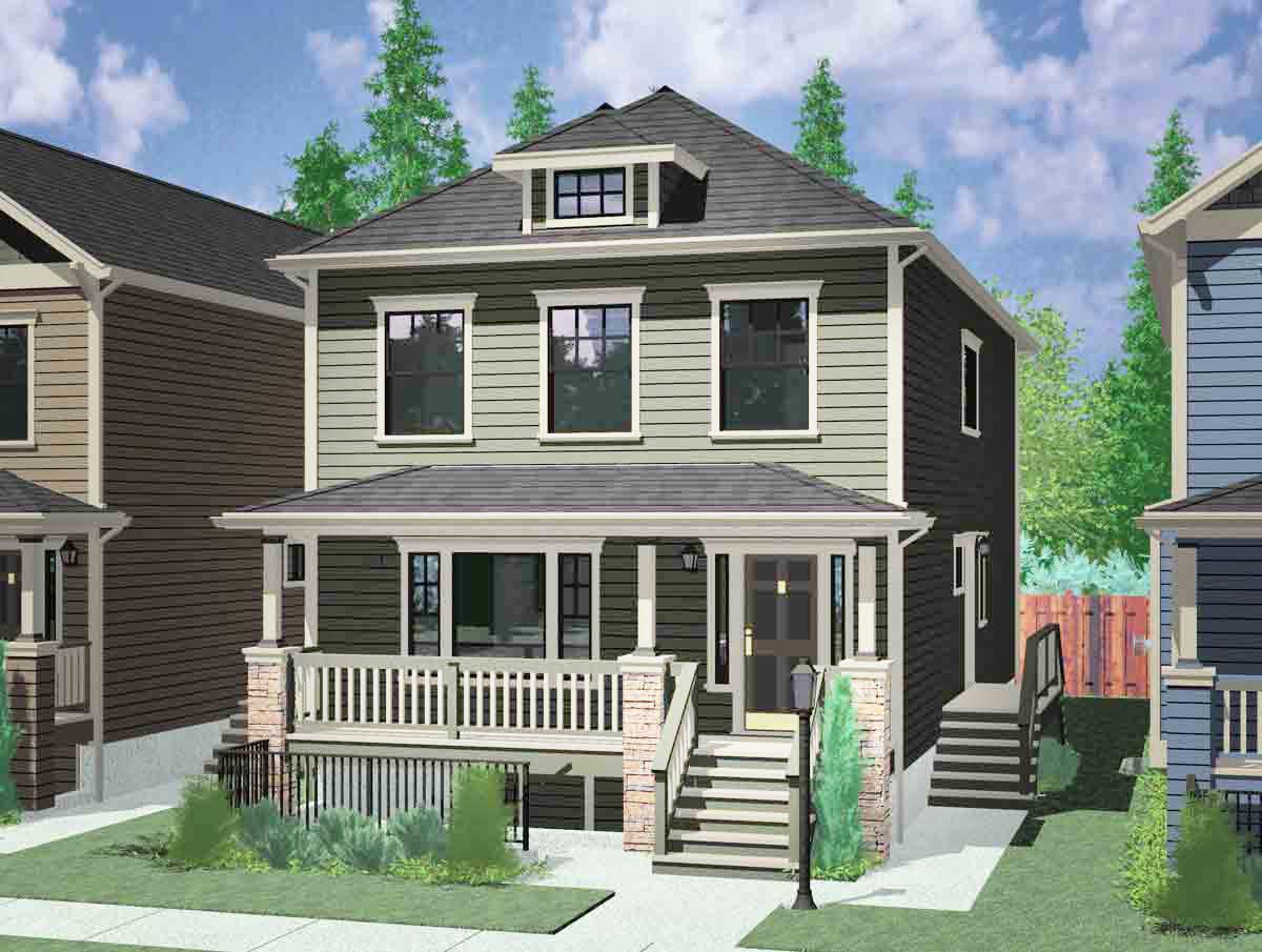 House plan exterior: Two-story home with a covered front porch, gabled dormer, and double-hung windows.