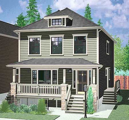 House plan exterior: Two-story home with covered front porch, dormer window, and visible side stairs.