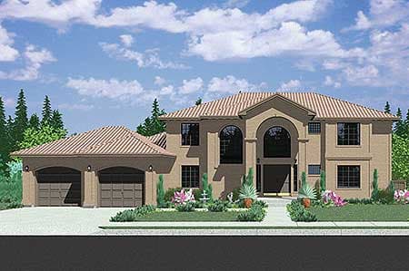 House plan exterior: Two-story Mediterranean style home with arched windows and a three-car side-entry garage.