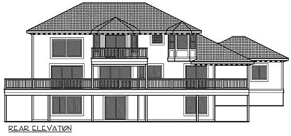 Rear elevation drawing of a multi-story house with balconies, large windows, and a tiled roof.