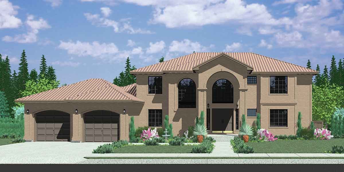 House plan exterior rendering of a two-story Mediterranean-style home with a three-car garage, arched windows, and a tile roof.