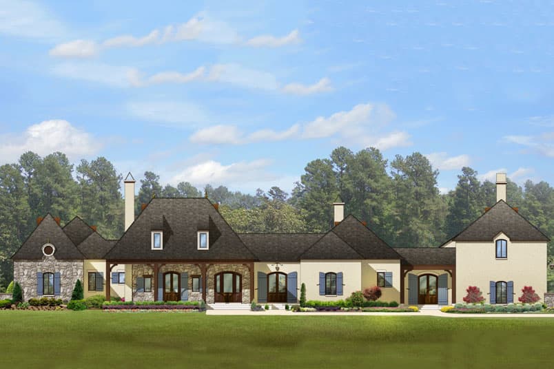 House plan exterior: French Country style with stone accents, multiple gables, dormers, and a covered porch.