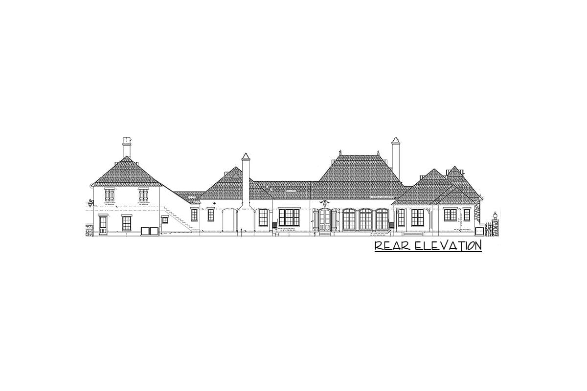 Rear elevation drawing of a large, multi-story house with multiple gables, chimneys, and a long row of French doors.
