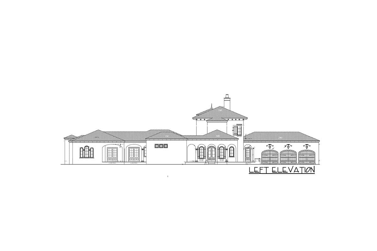Left elevation drawing of a house plan with arched windows, multiple doors, and three garage doors.
