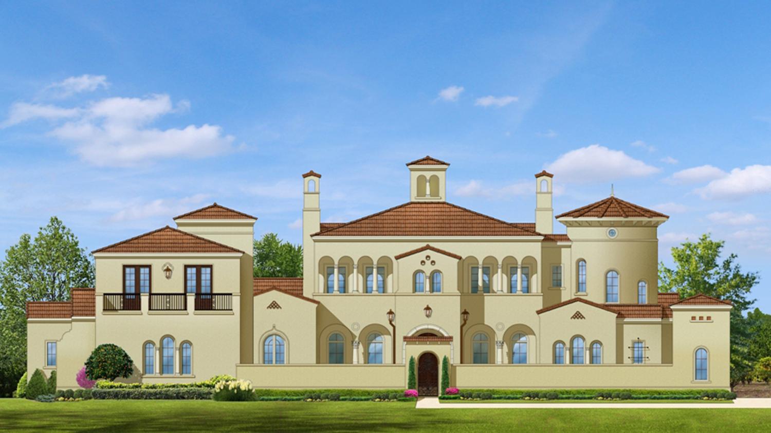 House plan exterior: Mediterranean style with clay tile roofs, arched windows, a central tower, and a second-story balcony.