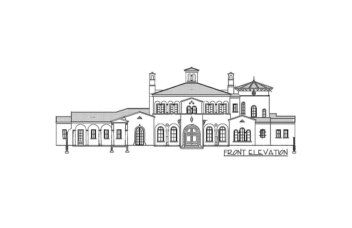 Front elevation drawing of a large, multi-story house with a central arched entryway, multiple gables, and varied rooflines.