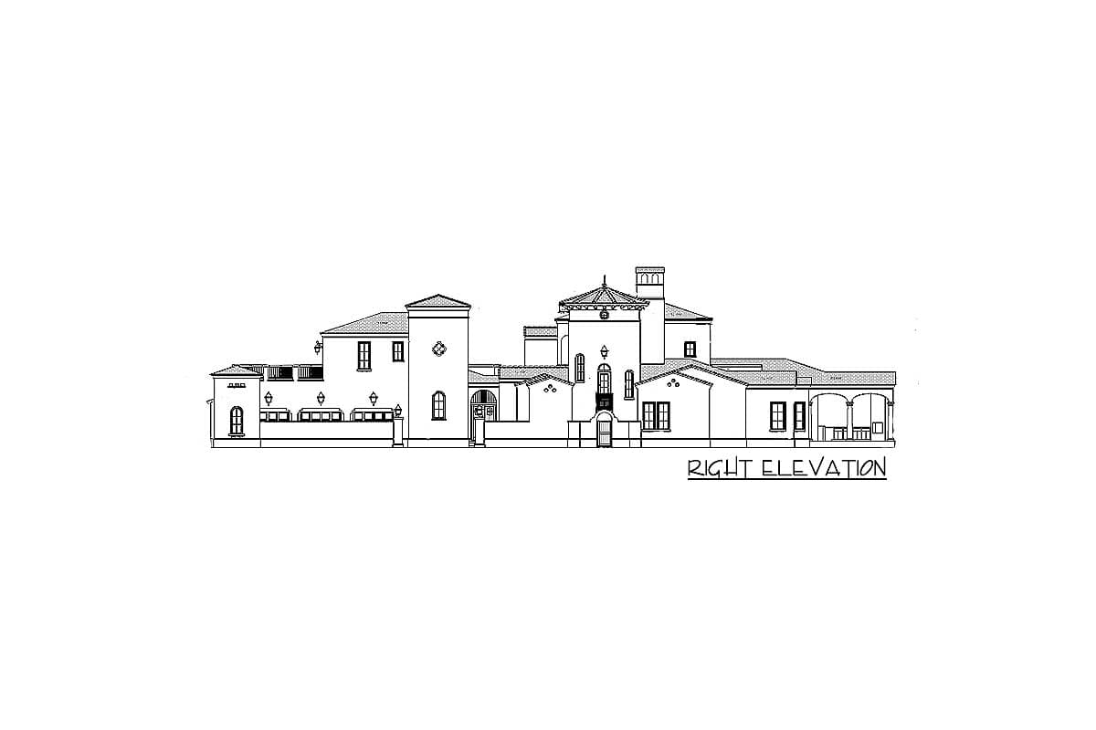 Right elevation drawing of a large, multi-level house with towers, gables, and an arched portico.