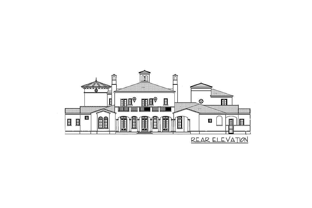 Rear elevation drawing of a multi-story house with varied rooflines, arched windows, and a central balcony.