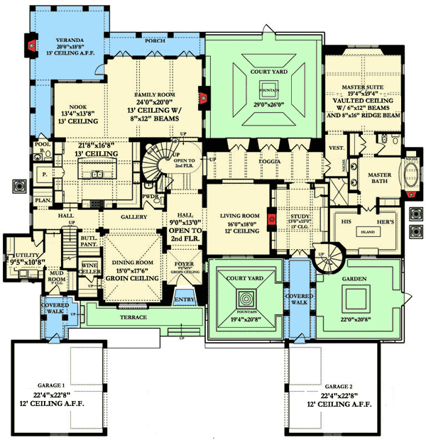 Plan 82012KA: Luxury Spanish Colonial House Plan - Floor Plan - Main Level - European, Mediterranean, Spanish