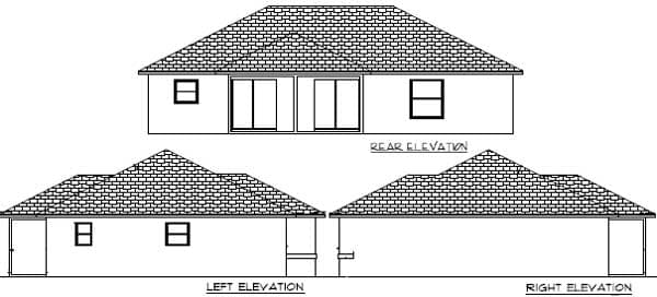 House plan showing rear, left, and right elevations of a single-story home with a gable roof, two windows, and sliding glass doors on the rear.