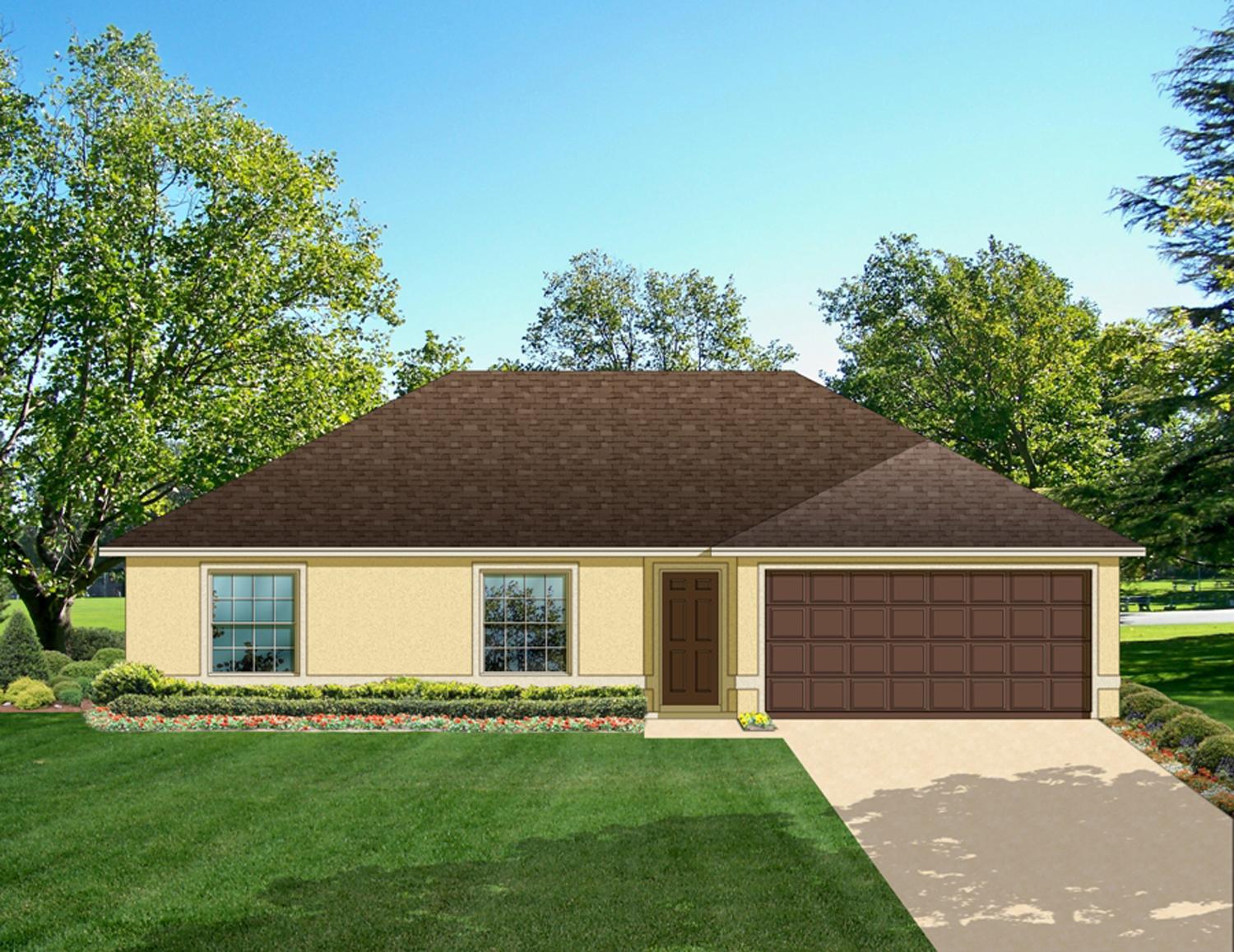 House plan exterior view of a one-story residence with a gable roof, front entry door, and attached two-car garage.