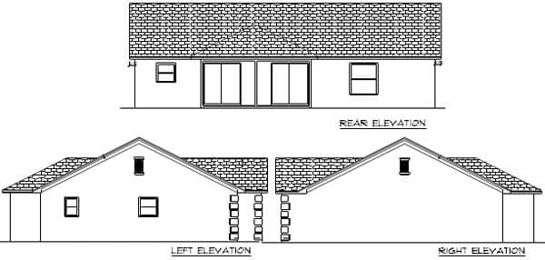 Rear, left, and right elevations for a single-story house plan featuring a gable roof, rectangular windows, and sliding glass doors on the rear.