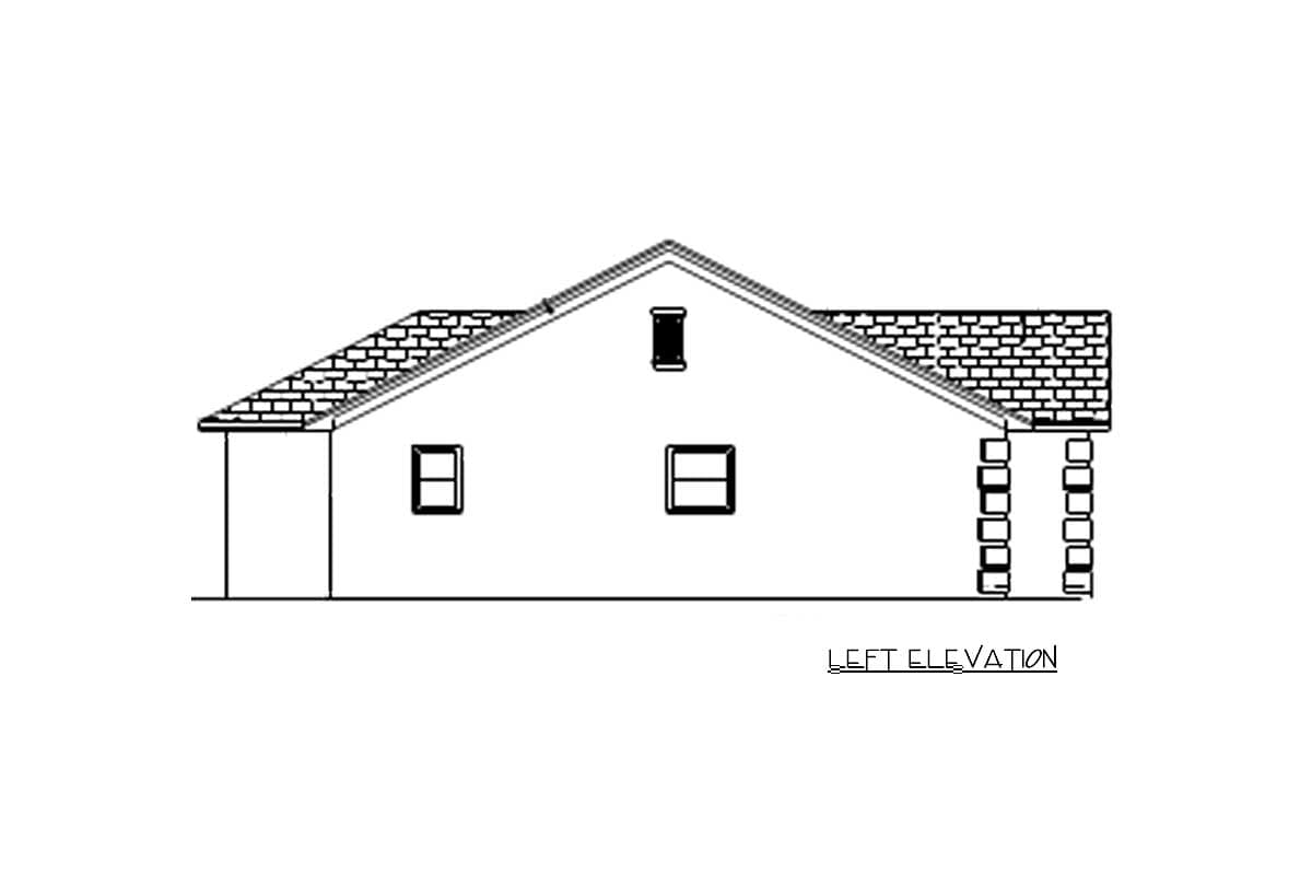 Left elevation drawing of a house plan showing a pitched roof, two windows, a dormer, and brick detailing.