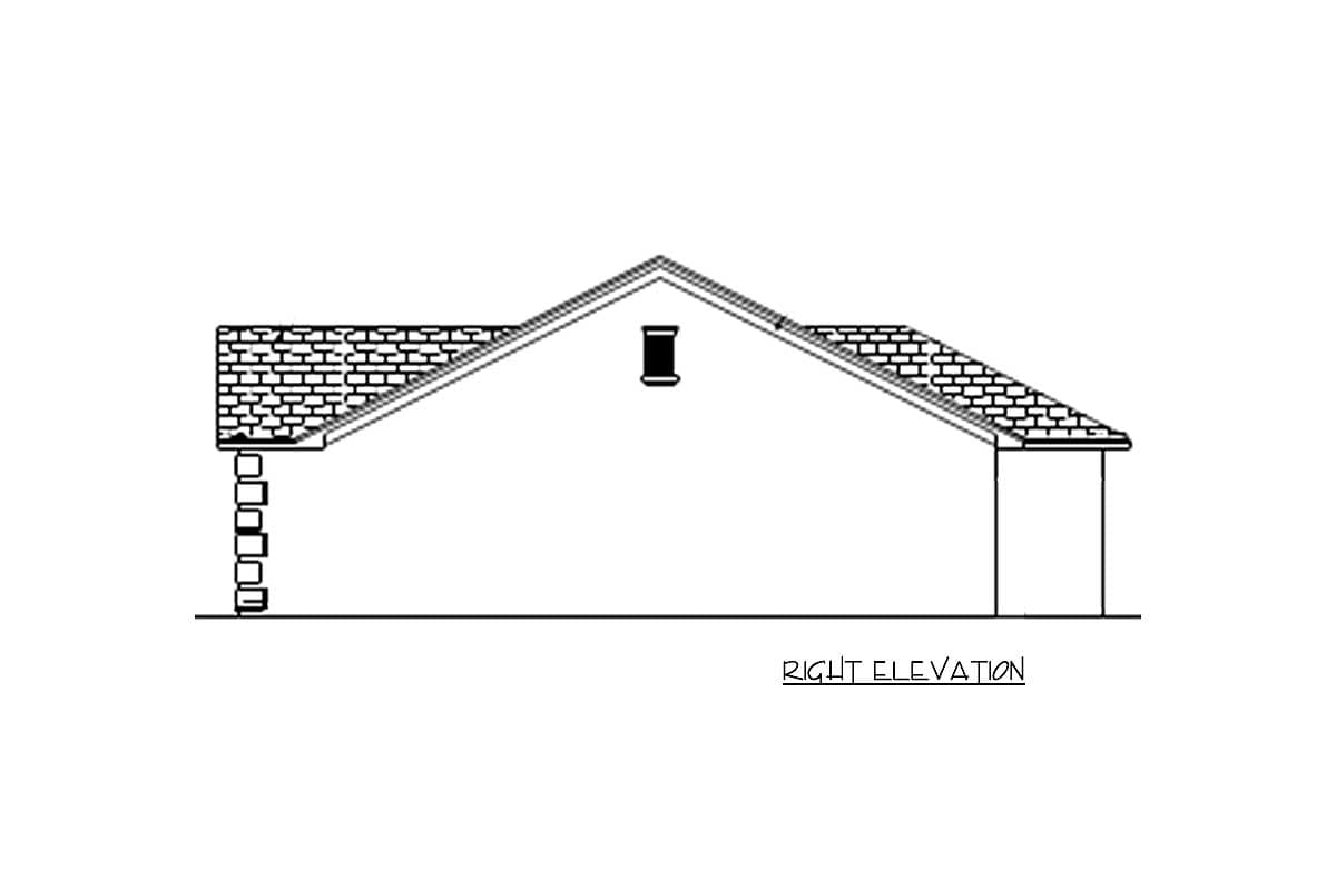 Right elevation drawing of a house plan with a gable roof, a dormer, and brick detailing.