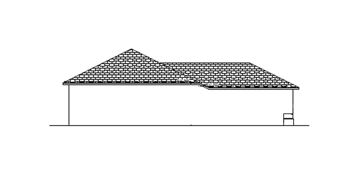 House plan side elevation drawing showing a hip roof with a lower section and a small stoop.