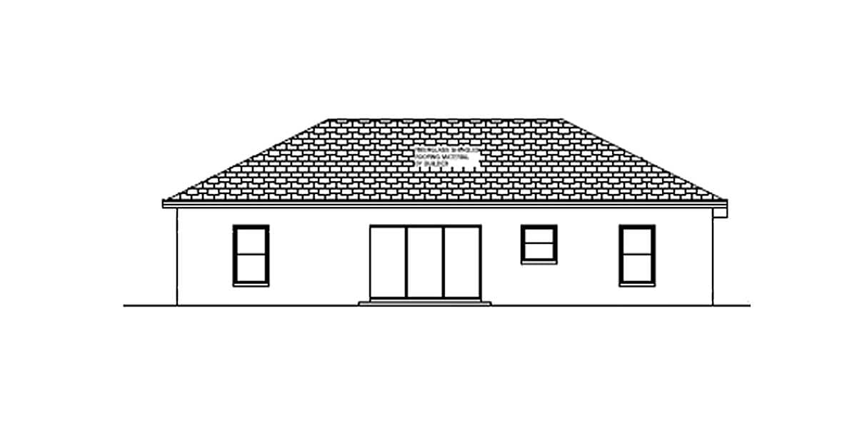 House plan exterior drawing of a single-story home with a hip roof, sliding glass doors, and two windows.