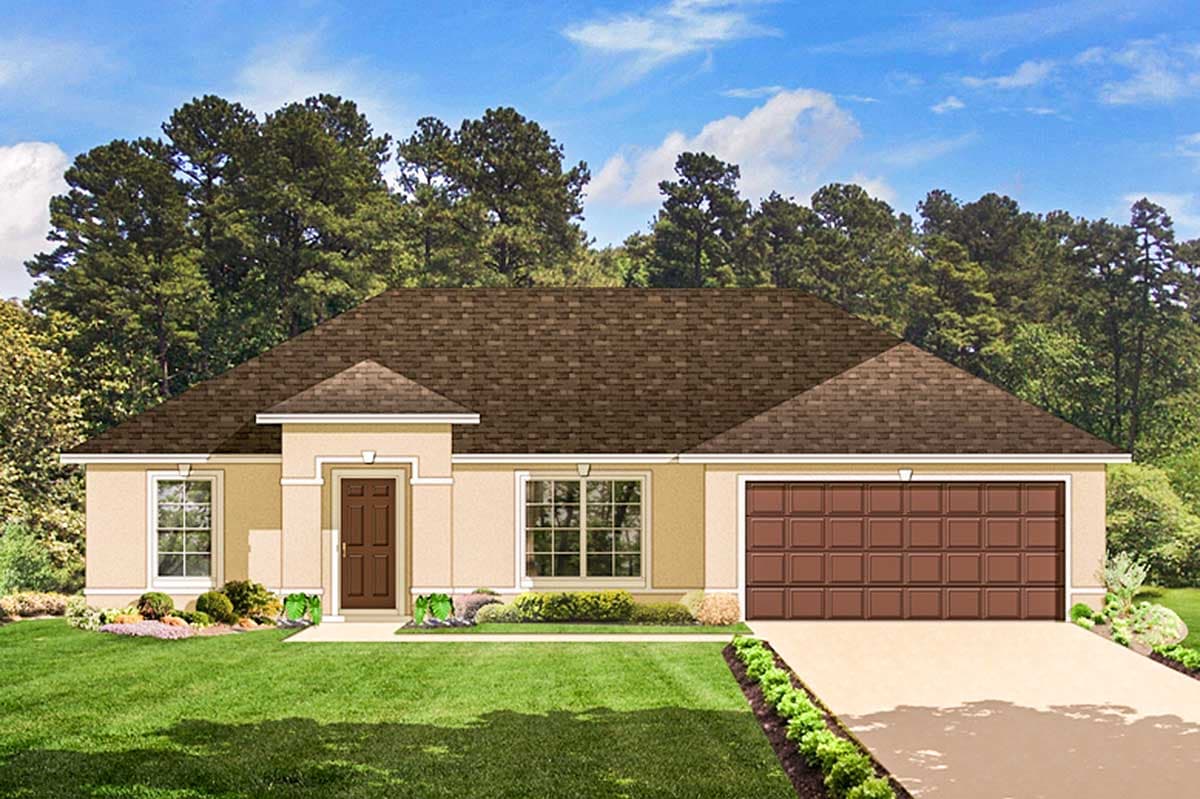 House plan exterior: One-story home with a prominent central gable over the entry, hip roofline, and a two-car front-facing garage.