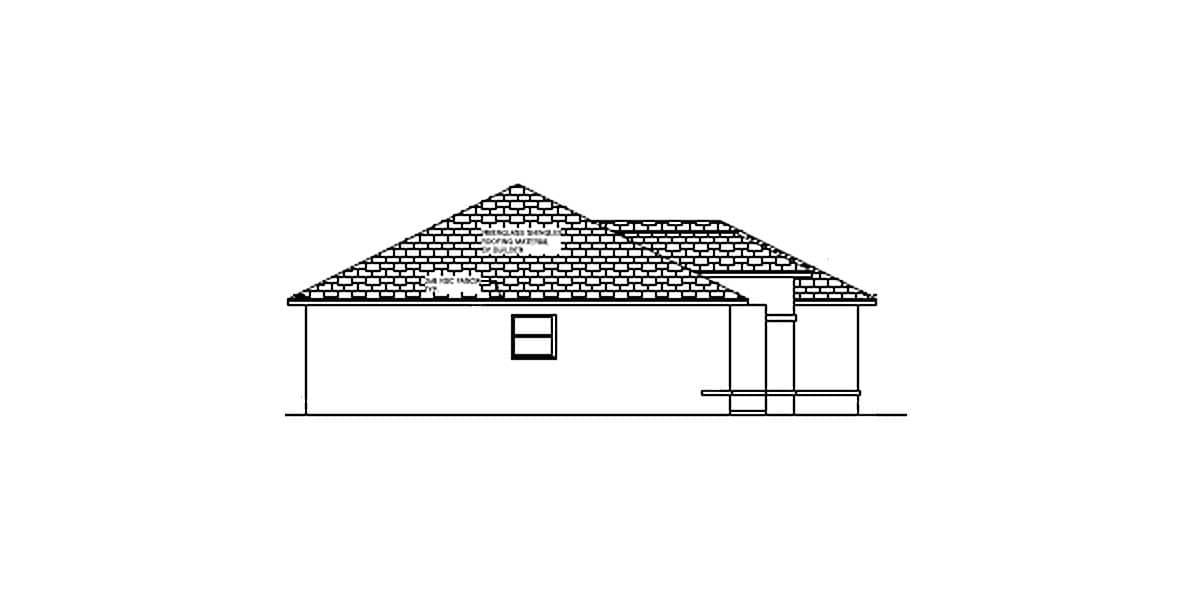 House plan exterior elevation drawing showing a single-story structure with a hipped roof, gable, and attached porch.