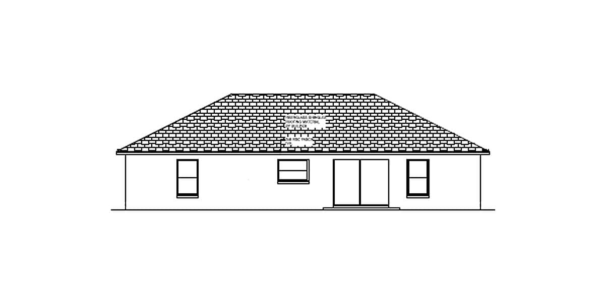 House plan elevation drawing of a single-story residence with a hip roof, three windows, and sliding glass doors.