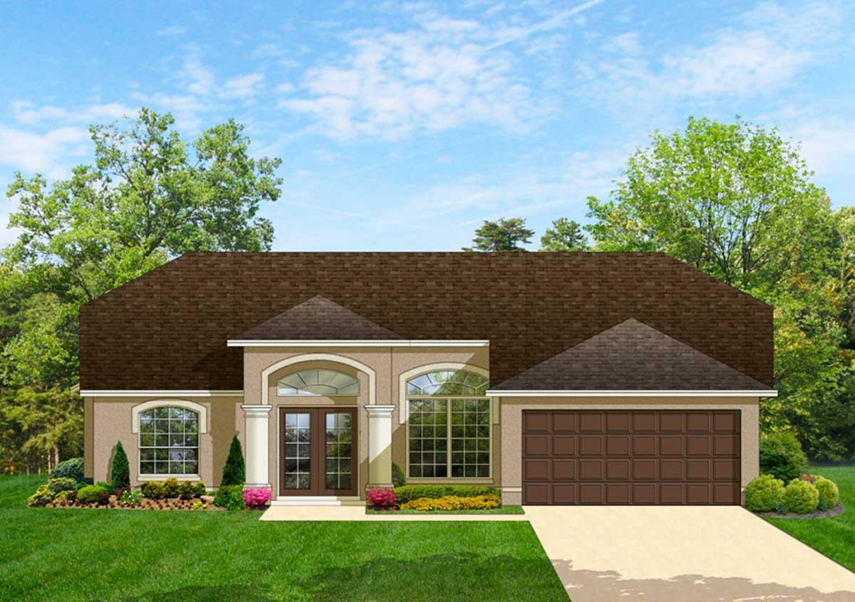 House plan exterior, one story with arched entryway, double doors, arched windows, and two-car garage.