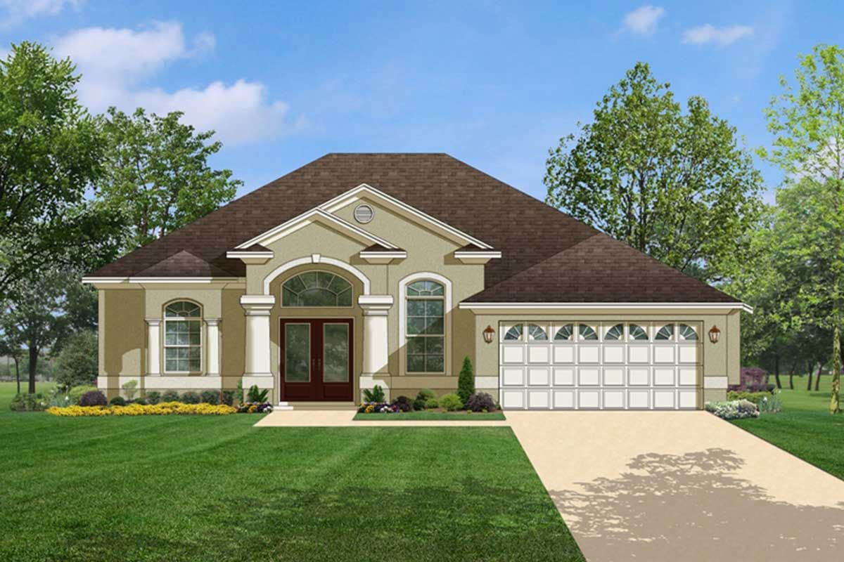 House plan exterior: single-story, arched entry with double doors, large gable, and two-car garage with decorative windows.