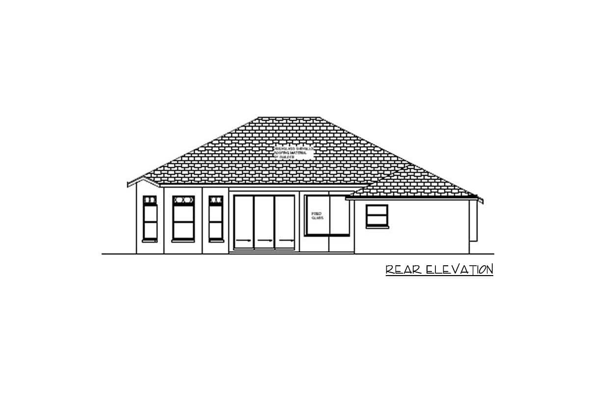Rear elevation drawing of a one-story house plan with a hipped roof, sliding glass doors, and multiple windows.