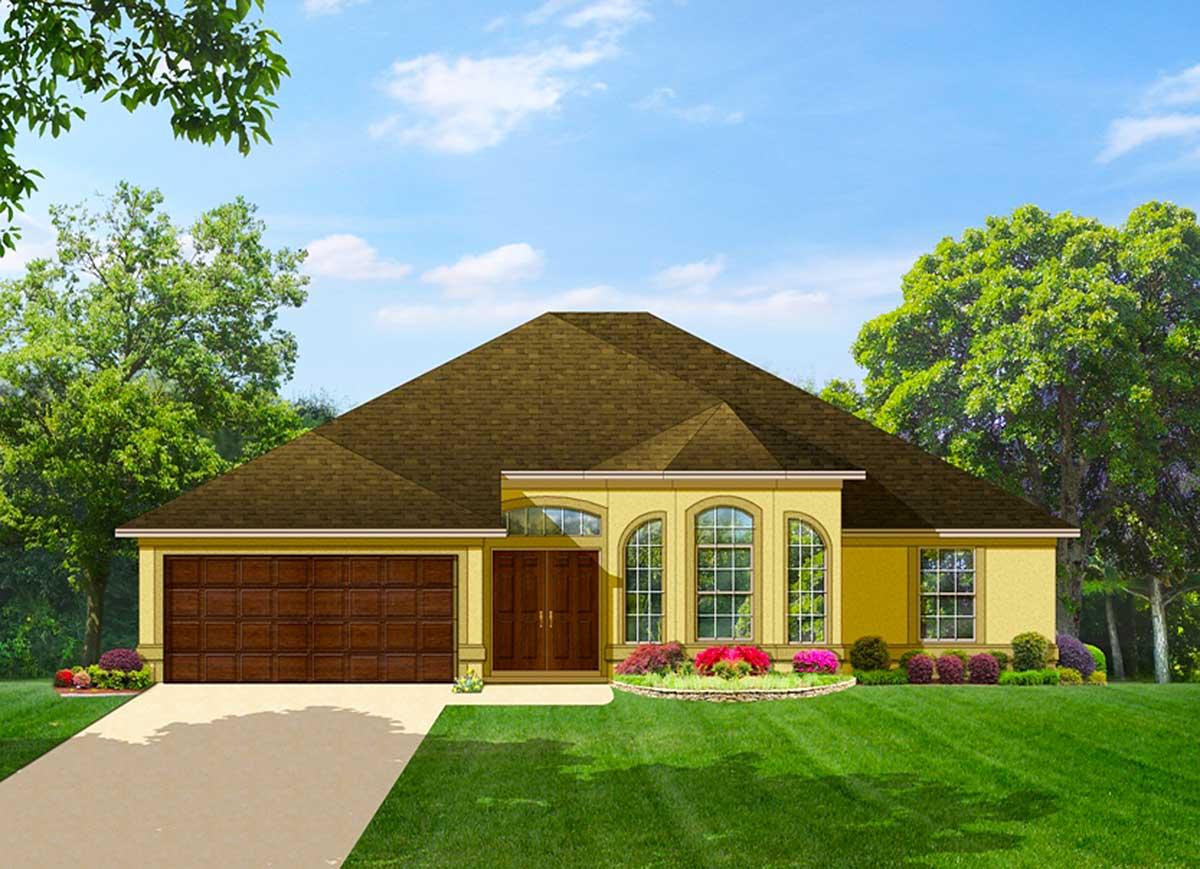 House plan exterior: Ranch style, one story, featuring a double garage, double entry doors, and arched windows.