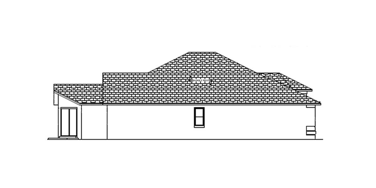 House plan side elevation drawing showing a single-story structure with a hip roof and a glass door.
