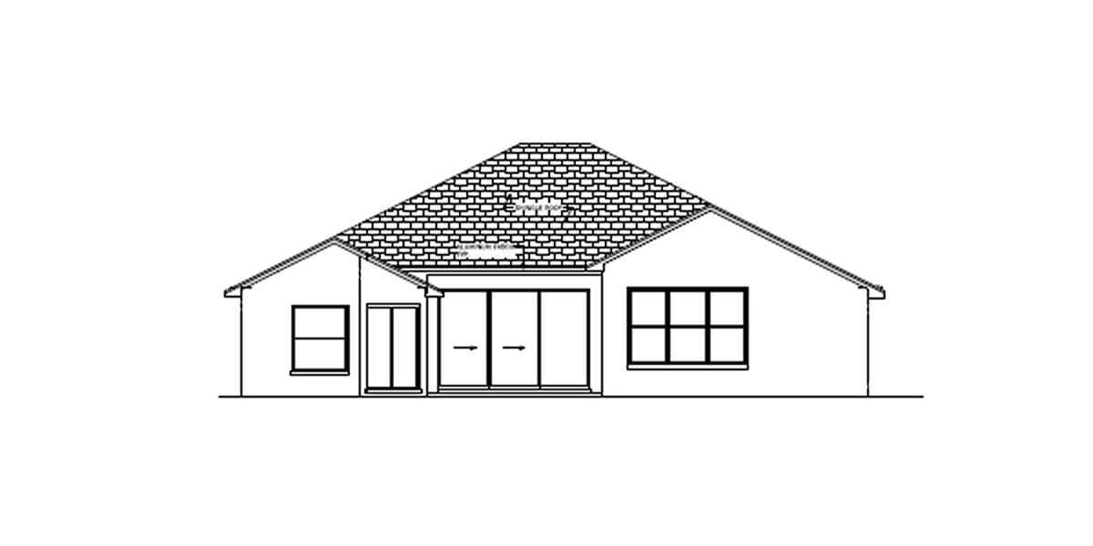 Rear elevation drawing of a single-story house plan with sliding glass doors, a single window, and a grid-pane window.