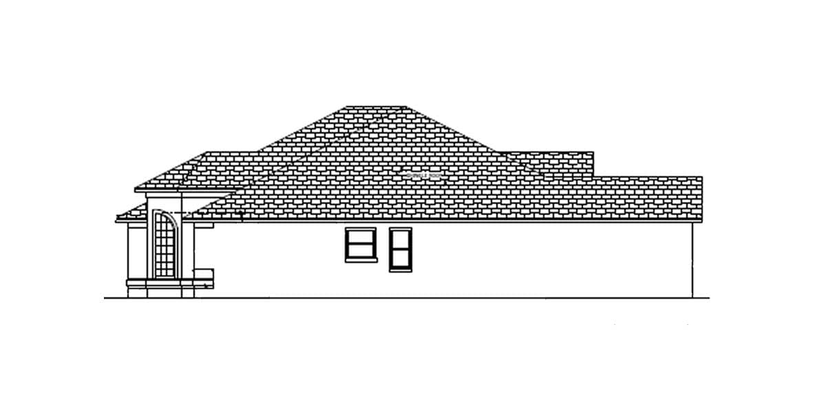 Architectural drawing of a house plan, side elevation, showing a hip roof, arched entryway, and two square windows.