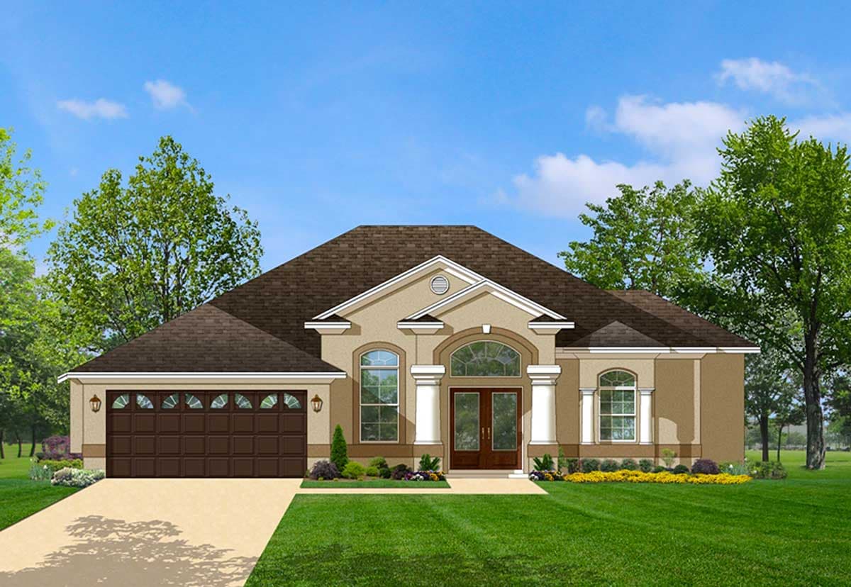 House plan exterior: one-story home with a double garage, arched entryway with columns, and a hip roof.