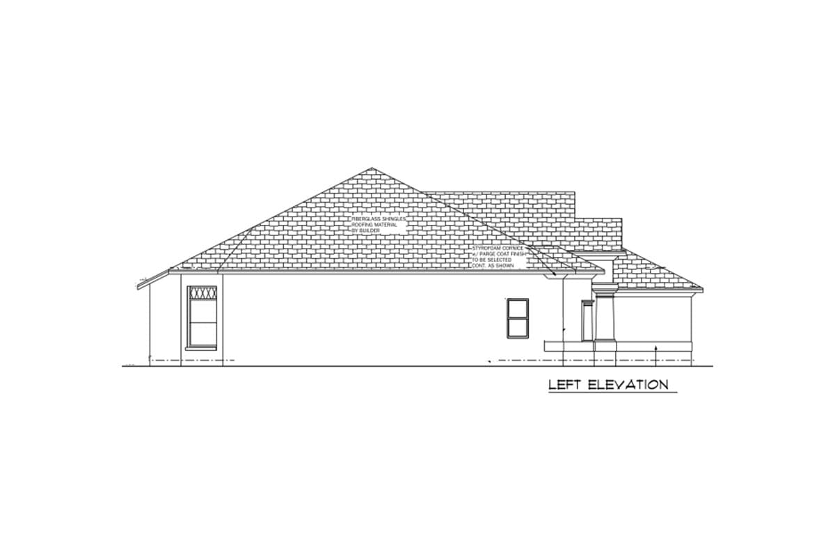 House plan left elevation showing a single-story structure with a hipped roof, gabled dormer, and a covered porch.