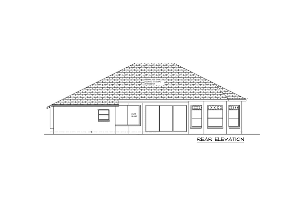 Rear elevation house plan showing a single-story home with a hipped roof, sliding glass doors, and multi-pane windows.