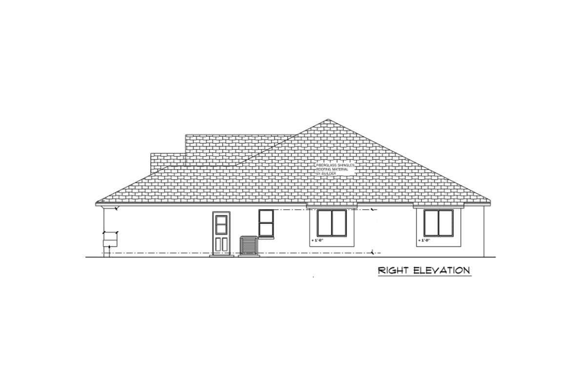 Right elevation drawing of a single-story house plan with a gable roof, door, and three windows.