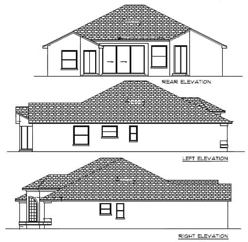 Rear, left, and right elevations of a house plan showing a low-pitched roof, multiple windows, and a covered patio.