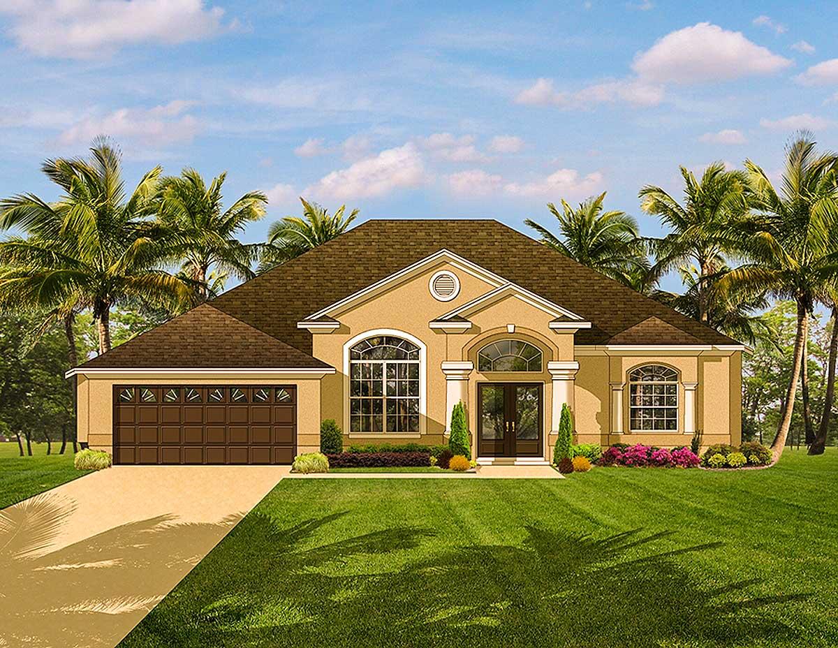 House plan exterior: one-story ranch with attached garage, arched entry, and large arched windows.