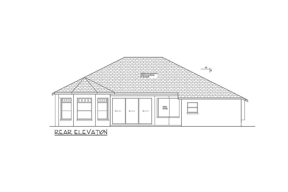 Rear elevation drawing showing a house plan with a hip roof, multiple windows, and sliding glass doors.
