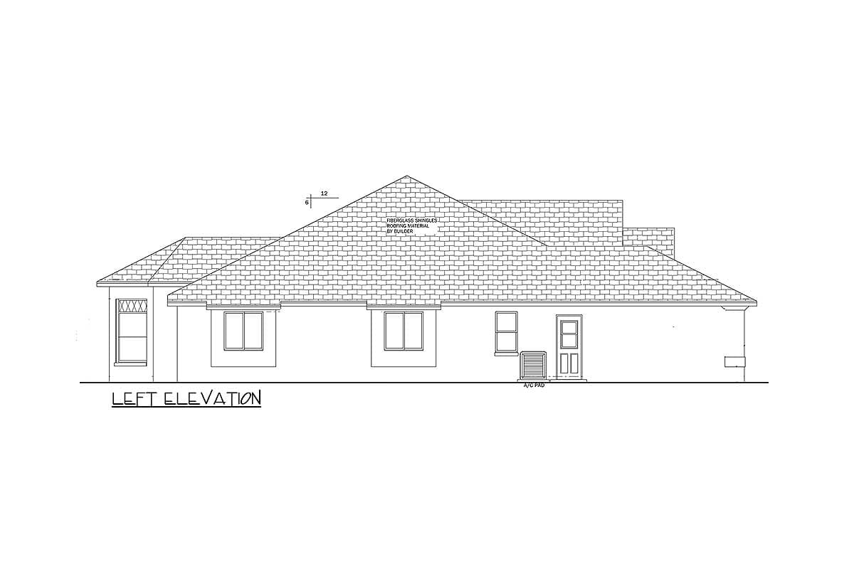 Left elevation of a single-story house plan with a layered roofline, multiple windows, and an A/C pad.