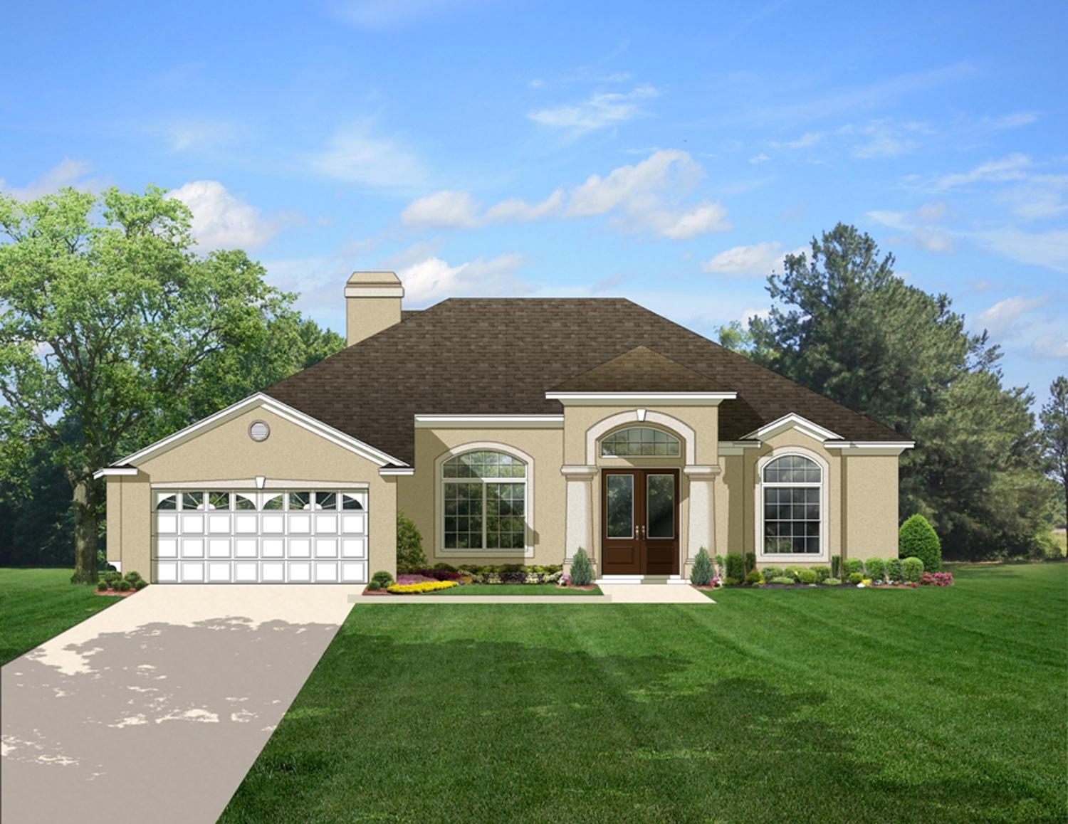 House plan exterior: One-story house with a two-car garage, arched entryway, and prominent gables.