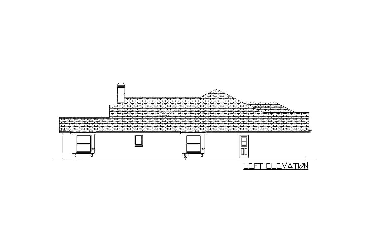 Left elevation drawing of a house plan, showing a chimney, various windows, and a door.
