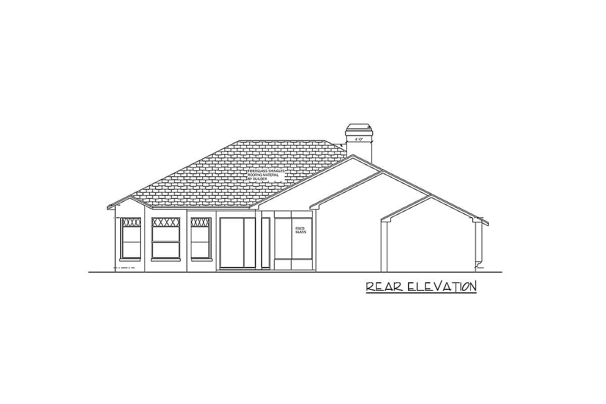 Rear elevation drawing of a house plan showing a hipped roof, chimney, and various windows including sliding glass doors.