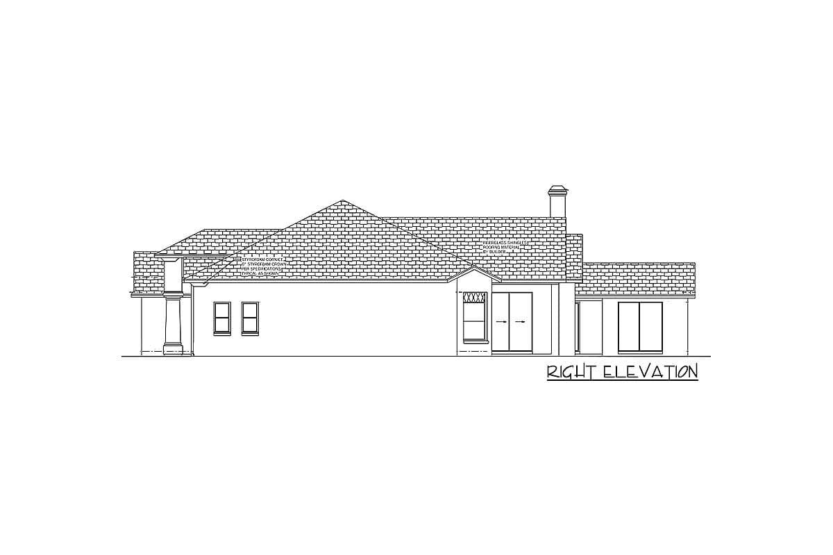 Right elevation drawing of a house plan showing gabled roof, chimney, covered porch, and windows.
