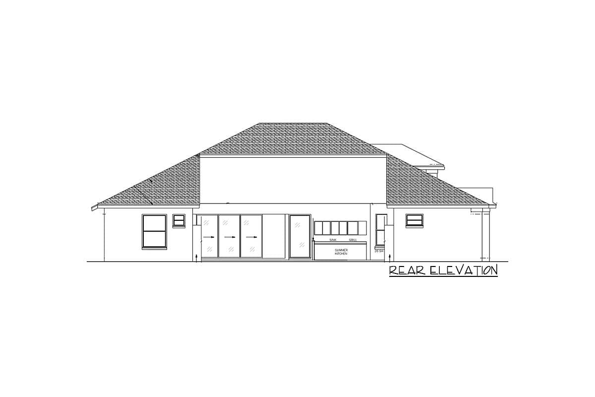 Rear elevation drawing shows a house with sliding glass doors, windows, and a summer kitchen with a sink and grill.