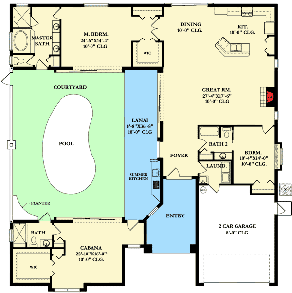 Plan 82034KA: Home Plan With Courtyard and Guest Cabana - Floor Plan - Main Level - Florida-Style, Southern