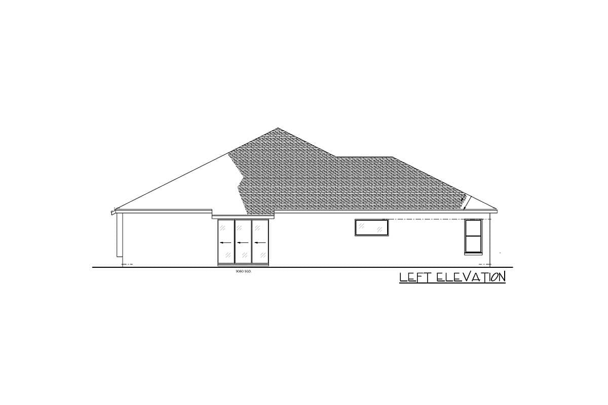 Left elevation drawing of a single-story house plan with a hip roof, featuring sliding glass doors and a small window.