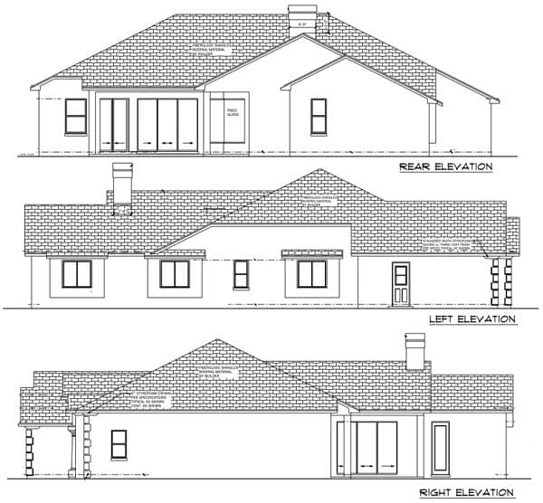 Architectural house plan elevations: rear, left, and right views showing rooflines, windows, and covered porch.