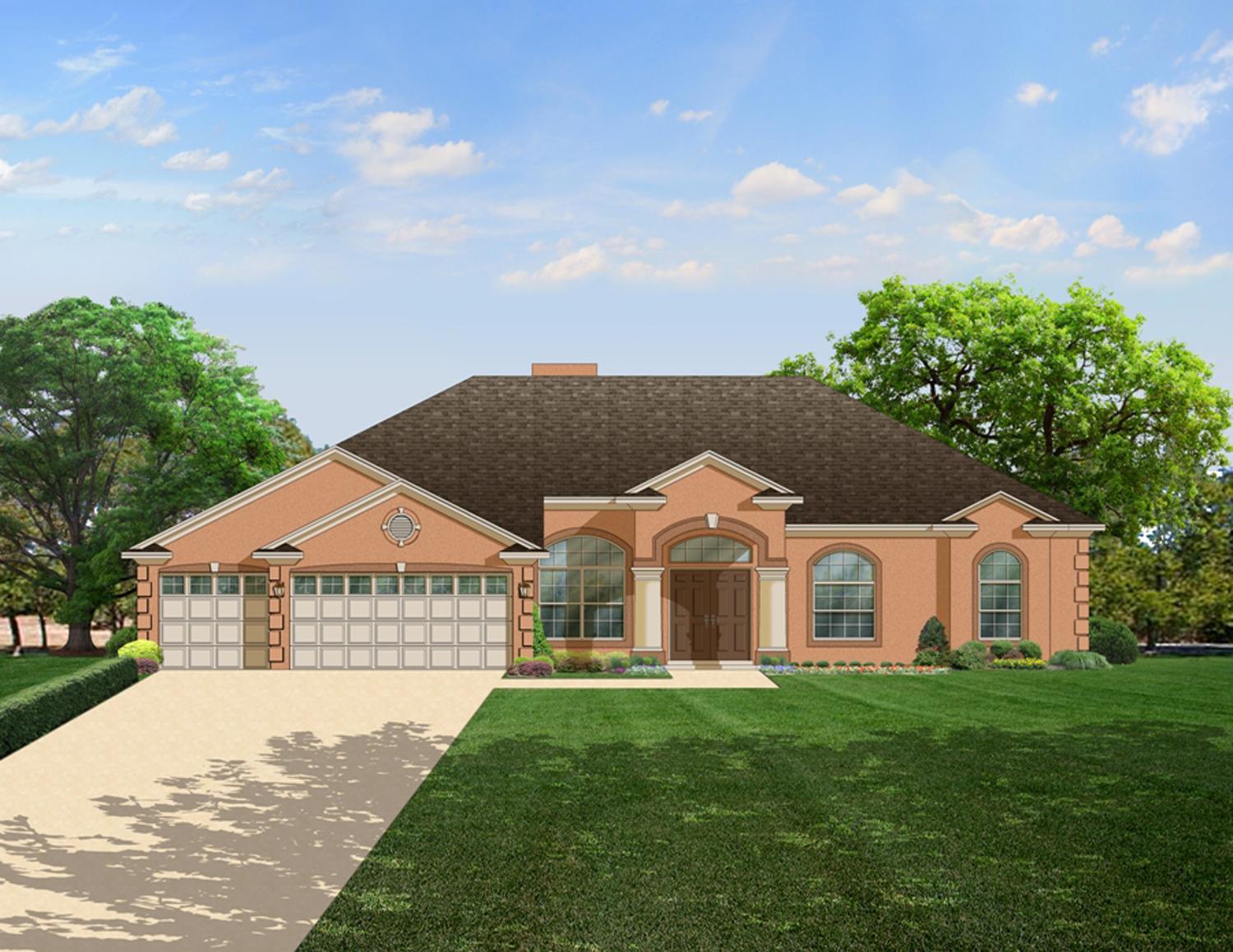 House plan exterior: Single-story ranch with attached three-car garage, arched entryway, and large arched windows.