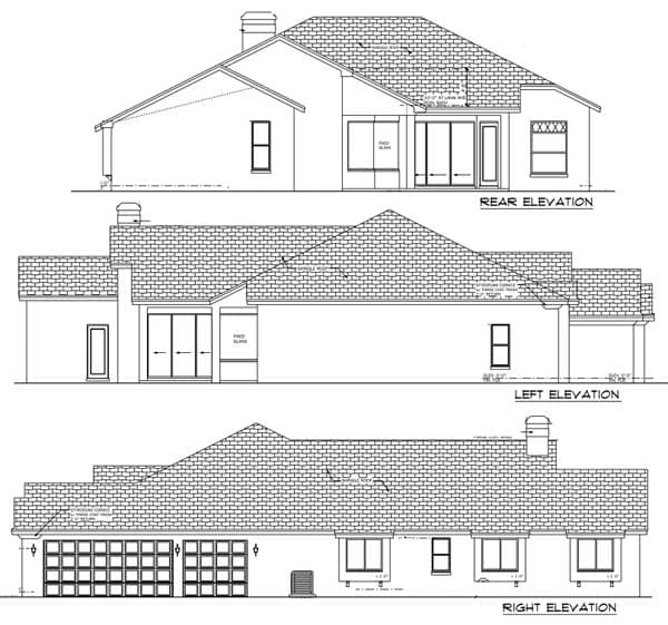Rear, left, and right elevation drawings of a single-story house plan featuring a hipped roof and a two-car garage.