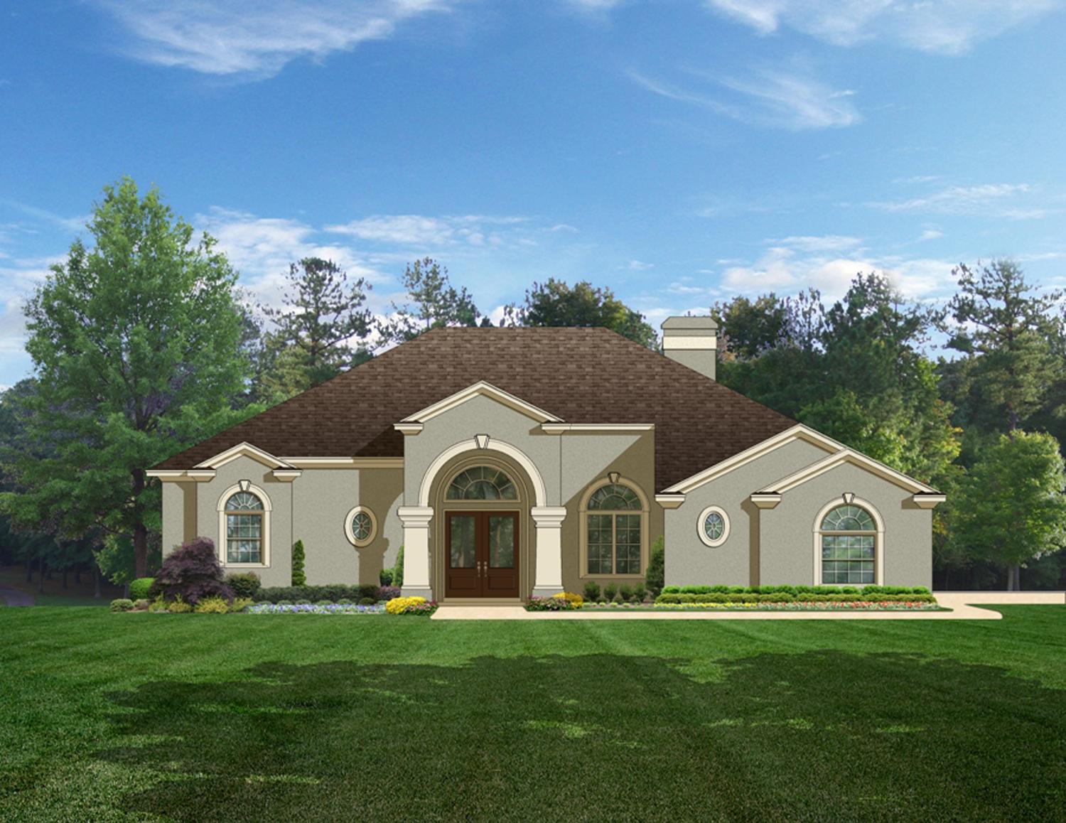 House plan exterior: Single-story home with arched entryway, decorative gables, arched windows, and a prominent chimney.